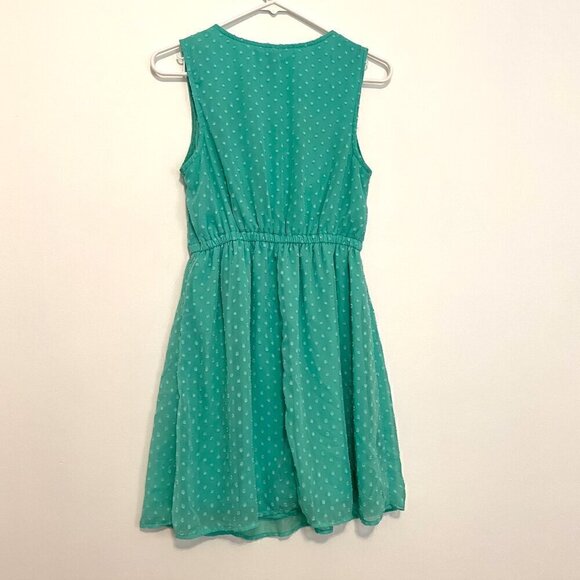 VANITY Aqua Seafoam Green Blue Swiss Dot Textured Mini Surplice Faux Wrap Dress - Picture 10 of 16